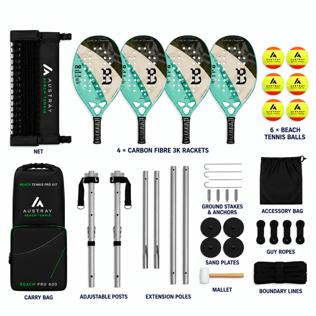 Complete Portable Beach Tennis Kit & Set - Net, Poles, 4 Carbon 3K Rackets + 6 ITF Balls