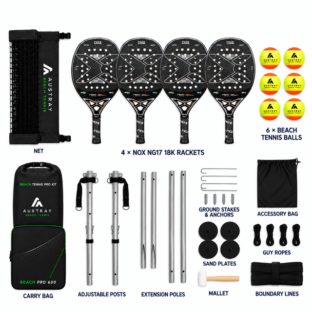 Premium Beach Tennis Kit Australia | Austray Beach PRO 600 + 4 NOX NG17 Rackets + 6 ITF Balls